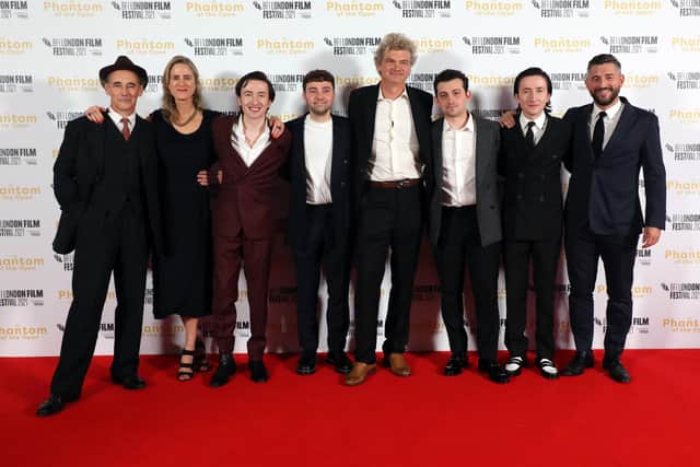 The cast of The Phantom of the Open at the film's world premiere at the 65th BFI London Film Festival, from left: Mark Rylance, Nichola Martin, Christian Lees, Jake Davies, Simon Farnaby, Craig Roberts, Jonah Lees, Tom Miller. Photo: Lia Toby/Getty Images