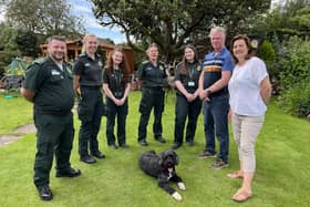 Friends reunited: Robert and Sue Fensom (right) with the EMAS team who saved Robert's life, from left, Rob Keenan, Rosie Blyton-Flewitt, Charlotte Neal, Eleen Beer, Chloe Irving. Photo: EMAS