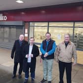 Ashfield Council leader Coun Jason Zadrozny (second right) with, from left, Hucknall councillors John Wilmott, Lee Waters and Gordon Mann have welcomed the news The Range will be moving into the old Hucknall Wilko site. Photo: Submitted