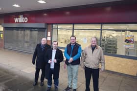 Ashfield Council leader Coun Jason Zadrozny (second right) with, from left, Hucknall councillors John Wilmott, Lee Waters and Gordon Mann have welcomed the news The Range will be moving into the old Hucknall Wilko site. Photo: Submitted