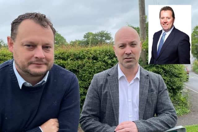 Couns Jason Zadrozny (left) and Christian Chapman will declare a cost of living emergency for Ashfield and ask Hucknall MP Mark Spencer (inset) to lobby the Government for more help for the district
