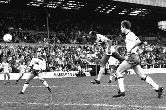 Keith Cassells heads for goal against Bolton in March 1990.