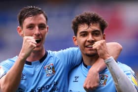 Coventry's ex-Stag Tyler Walker (right) celebrates after scoring their team's sixth goal with Matthew James  during their Sky Bet Championship match against Millwall last month.