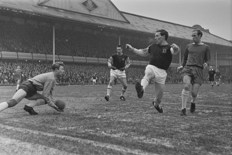 Peter Grummitt saves a shot during the League Division One match between Aston Villa and Nottingham Forest at the Villa Park on 15th January 1966. Aston Villa would go on to win the match 3-0.