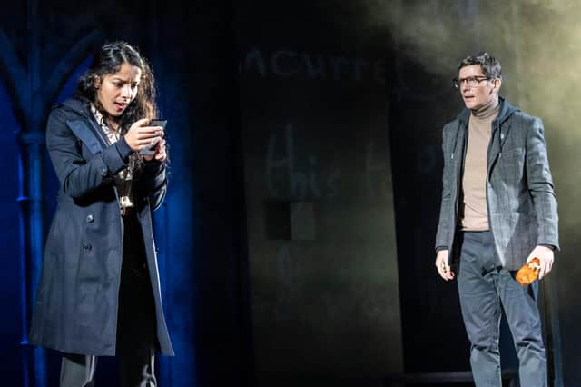 Hannah Rose Caton as Sophie Neveu with Nigel Harman as Robert Langdon. Photo by Johan Persson