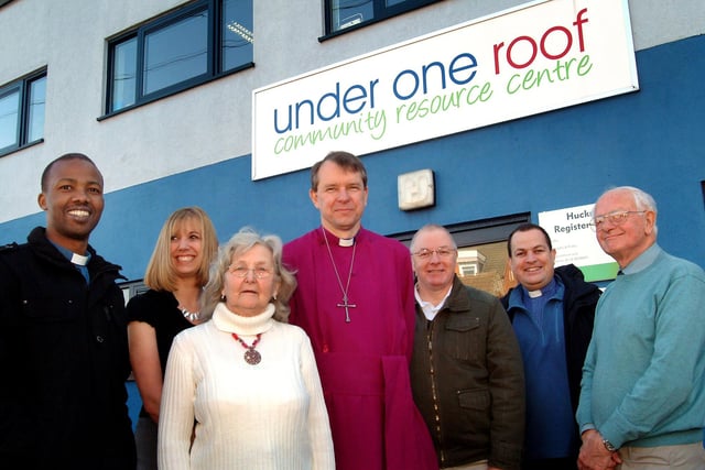 Then Bishop of Southwell, the Rt. Rev Paul Butler, centre, pictured during his visit to the Under One Roof centre in Hucknall. He is pictured with (from left) the Rev. Daniel Njuguna, Rebecca Wells, Brenda Shelbourne, Brian Clarke, the Rev. Richard Kellett and Colin Peat-Bailey. Year: 2010