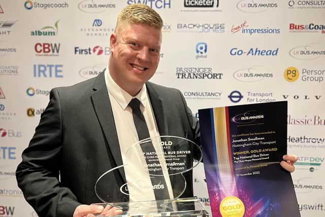Jonathan Smallman with his award for UK Bus Driver of the Year. Photo: NCT