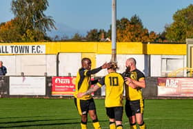 Hucknall's players celebrate a goal against St Andrews. Pic: Lee Fox.