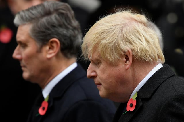 Labour Party leader Sir Keir Starmer (left) and Prime Minister Boris Johnson, during the Remembrance Sunday service at the Cenotaph, in Whitehall, London.