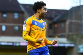 Jamie Reid celebrates his goal for Stags at Southend.