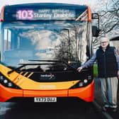 Stanley Drabble next to the threes bus Trentbarton named in his honour for his 103rd birthday. Photo: Mark Averill