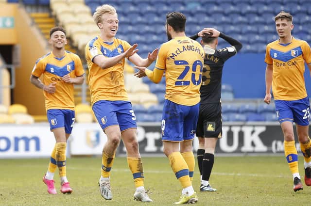 George Lapslie celebrates after he scores Stags' second goal against Oldham earlier this month.