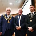 New chairman of Ashfield District Council, Coun David Walters (left), with new vice-chairman Coun Dale Grounds (right) and outgoing chairman Arnie Hankin
