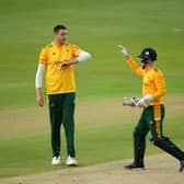 Matthew Carter celebrates the wicket of Dane VIlas with Tom Moores during the Vitality T20 Blast semi-final between Notts Outlaws and Lancashire Lightning. (Photo by Alex Davidson/Getty Images)