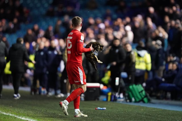 Jason Kerr takes the offender off the pitch as the crowd at Hillsborough looks on in amusement