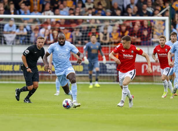 Mansfield's Hiram Boateng in possession during the clash at Salford. Photo - Chris Holloway/The Bigger Picture.media