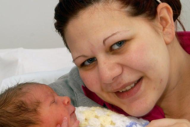 Sallie Arden-Condron from Selston pictured with her baby Byron Michael, born at 14:30pm on New Year's Day in 2008 - weighing 8lb 4oz.