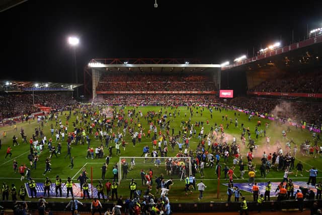The alleged incidents occurred during the pitch invasion at the end of Nottingham Forest's play-off tie with Sheffield United at City Ground on May 17. Photo: Michael Regan/Getty Images