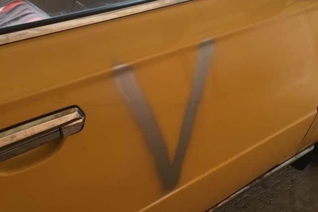 The Russians had sprayed their 'V' sign on the car
