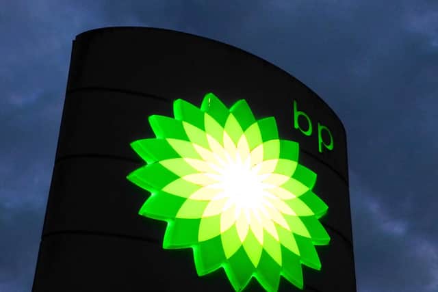 A BP sign. The oil company logged record post-tax profits of $27.7 billion, £23bn, last year, more than double its 2021 earnings and outstripping the previous record of about $26bn, £21.6bn, in 2008.