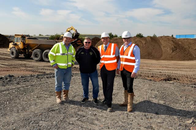 A step back in time to 2016 when Hucknall Town chairman Bob Scotney (second from left) joined Steve Nicholas, SPN Associates, Darren Ridout, of Bolsover Properties and William Crooks, of Cawarden Demolition when work on the new ground originally started.