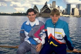 Nigel Clough and Stuart Pearce pose for the camera in Sydney Harbour during their tour of Australia on 30 May 1991: