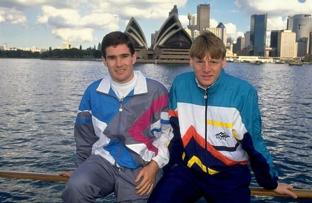 Nigel Clough and Stuart Pearce pose for the camera in Sydney Harbour during their tour of Australia on 30 May 1991: