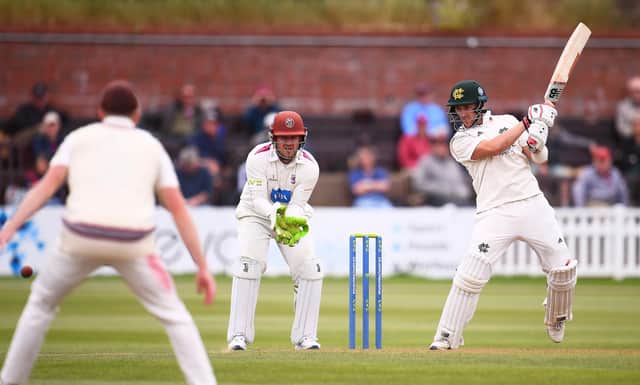 Joe Clarke plays a shot as Steve Davies of Somerset looks on during Day One of the LV= County Championship match between Somerset and Nottinghamshire at Taunton. (Photo by Harry Trump/Getty Images)