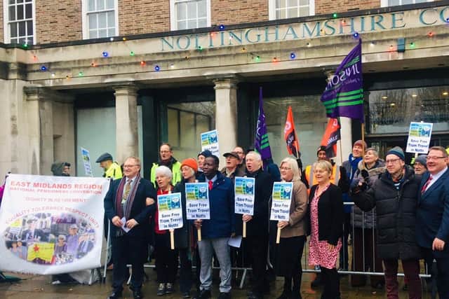 Protestors demonstrated outside Nottinghamshire Council against proposed changes to tram concessions for the elderly and disabled. Photo: Other