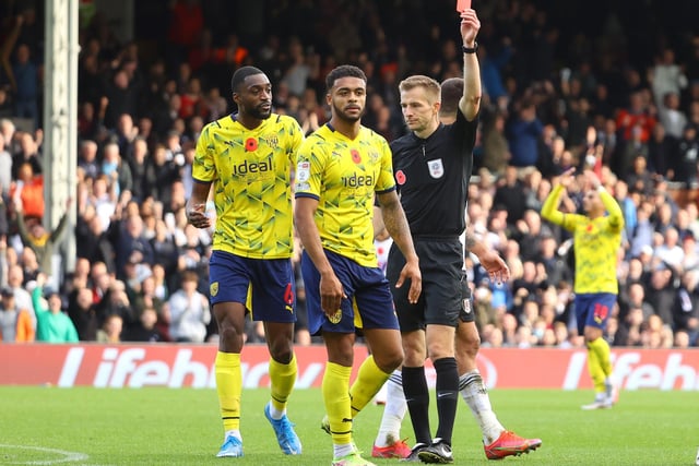 Darnell Furlong receives a red card for a challenge on Harry Wilson. He is one of seven red cards for the Baggies this season.