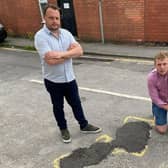 Couns Jason Zadrozny (left) and Tom Hollis with a ViaFix road repair in Ashfield which the Ashfield Indpendents say are 'botch jobs'