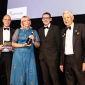 The NET team picking up its award at the Global Light Rail Awards, from left Mark McCole (award sponsors North Star Consultancy), Chris Wright, Joanne Bentley, Adam Walker, and broadcaster Nicholas Owen