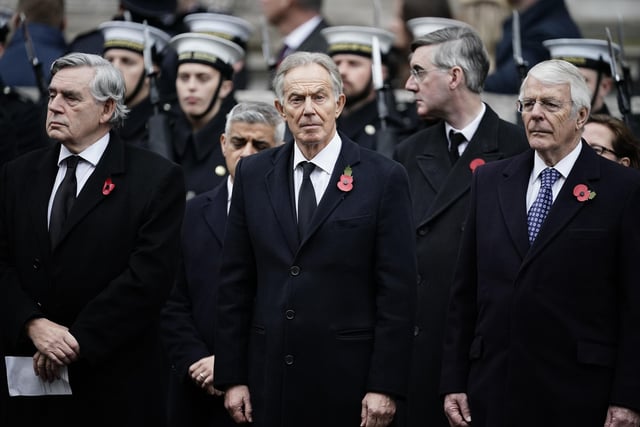Former prime ministers Gordon Brown, Tony Blair and John Major during the Remembrance Sunday service at the Cenotaph, in Whitehall, London. Picture date: Sunday November 14, 2021.