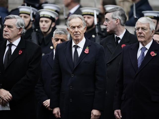 Former prime ministers Gordon Brown, Tony Blair and John Major during the Remembrance Sunday service at the Cenotaph, in Whitehall, London. Picture date: Sunday November 14, 2021.