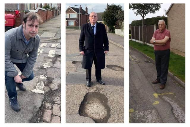 Couns Lee Waters (left), John Willmott and David Shaw (right) have different views on which is Hucknall's worst road