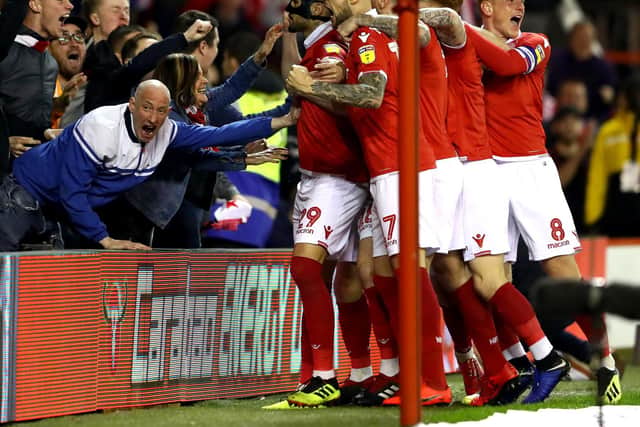 Yohan Benalouane celebrates his goal against Derby County at City Ground on February 25, 2019.