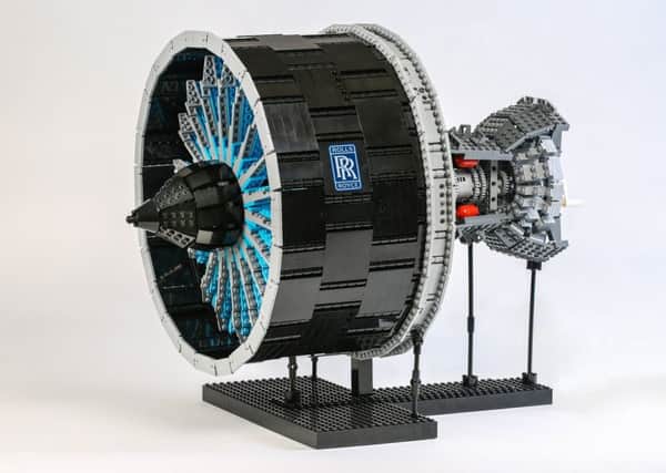 A scaled-down Lego version of the Rolls-Royce UltraFan engine.