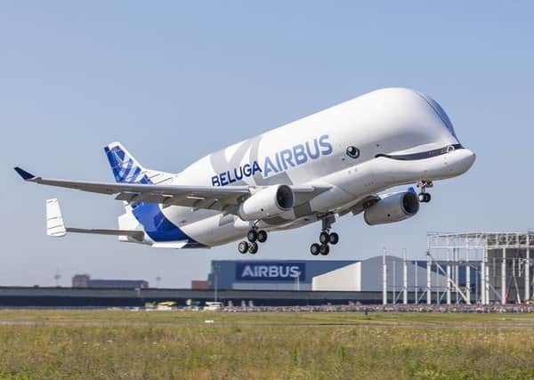 The first flight of Airbuss new BelugaXL air transporter, powered by Rolls-Royce Trent 700 engines.