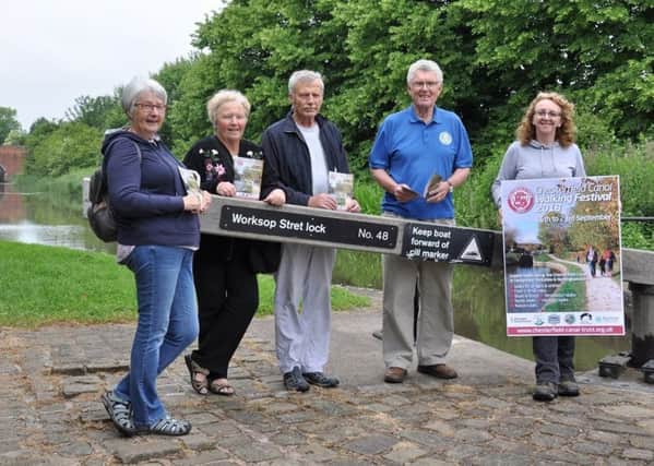 Diana Munro, Keith Ross and Janet Ross (Worksop ramblers) with David Blackburn, walks officer for Chesterfield Canal Trust., and Julie Leigh, cabinet member for neighbourhoods at Bassetlaw District Council.