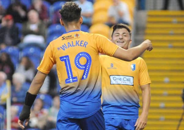 Mansfield Town v Accrington Stanley. 
Otis Khan celebrates with Tyler Walker after the Stags fourth goal.