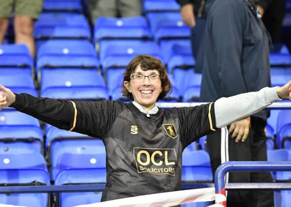Mansfield Town fan during the game: Picture by Steve Flynn/AHPIX.com, Football: Sky Bet League Two match Tranmere Rovers -V- Mansfield Town at Prenton Park, Birkenhead, Merseyside, England copyright picture Howard Roe 07973 739229