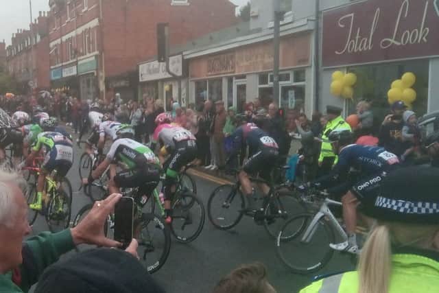 Tour of Britain riders hurtle down Hucknall High Street.