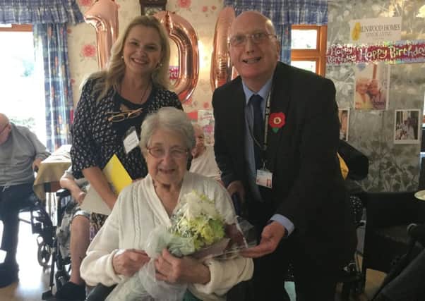 Margaret Box on her 100th birthday at Jubilee Court care home with Hucknall councillor, John Wilmott.