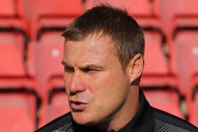 Picture by Gareth Williams/AHPIX.com; Football; Sky Bet League Two; Swindon Town v Mansfield Town; 20/10/18  KO 15:00; The Energy Check County Ground; copyright picture; Howard Roe/AHPIX.com; Mansfield boss David Flitcroft chats ahead of kick-off at Swindon