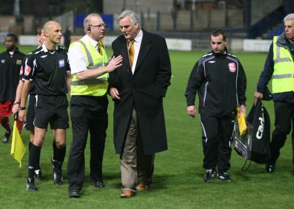 Stags chairman James Derry tries to approach referee Darren Drysdale at the end of the game.