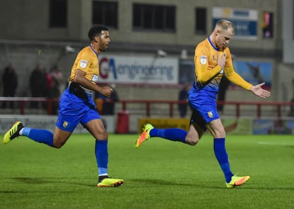 Mansfield Town's Neal Bishop celebrates after scoring a goal: Picture by Steve Flynn/AHPIX.com, Football: Skybet League 2  match Morecambe -V- Mansfield Town at Globe Arena, Morecambe, Lancashire, England on copyright picture Howard Roe 07973 739229
