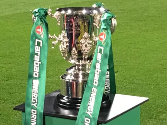 The League Cup, in display pitch-side at Burton Albion's Pirelli Stadium before the match with Nottingham Forest.