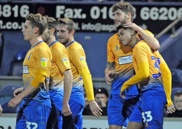 Mansfield Town v Scunthorpe Utd., Checkatrade Trophy.  
Nyle Blake is congratulated on his 21st minute goal for the Stags.