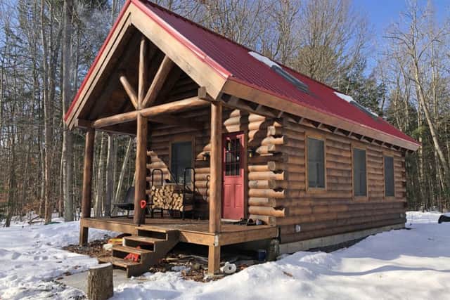 The log cabin that Geoff has built in New York's Adirondack Mountains.