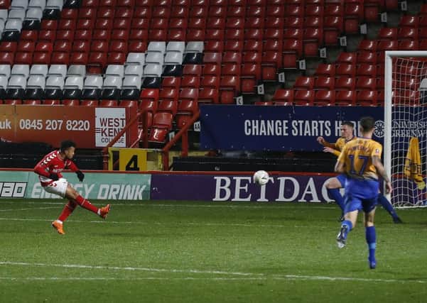Picture by Gareth Williams/AHPIX.com; Football; Emirates FA Cup; Charlton Athletic v Mansfield Town; 20/11/18  KO 19:45; The Valley; copyright picture; Howard Roe/AHPIX.com; Charlton's Nicky Ajose tucks home their fifth against Mansfield